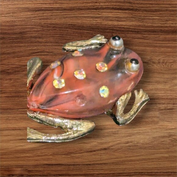 Vintage Frog Brooch With Rhinestone Accents & Gold-Tone Legs - Picture 5 of 8